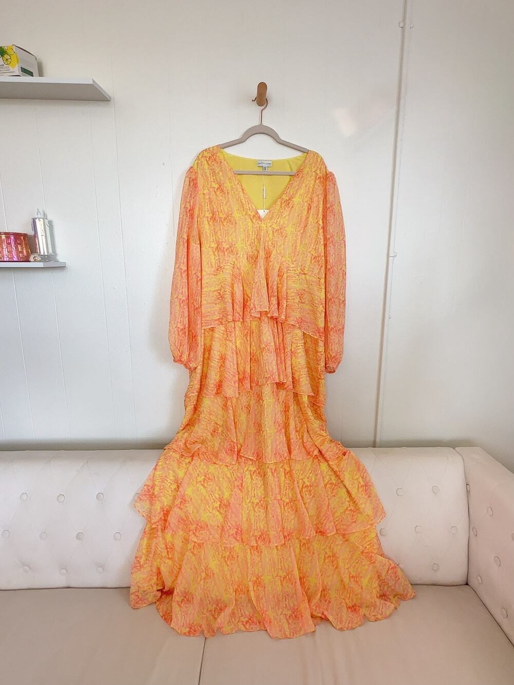 Pretty Lavish Orange Yellow Abstract Printed Chiffon Tiered Maxi Dress Plus 20